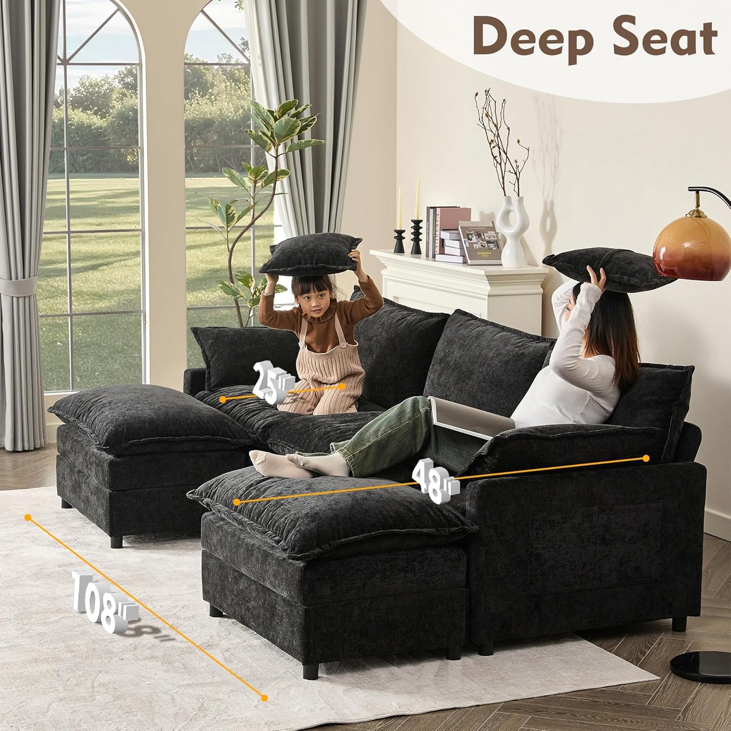 108 In. U Shape Sofa Sectional Sofa Comfortable Cloud Sofa With Removable Footstool