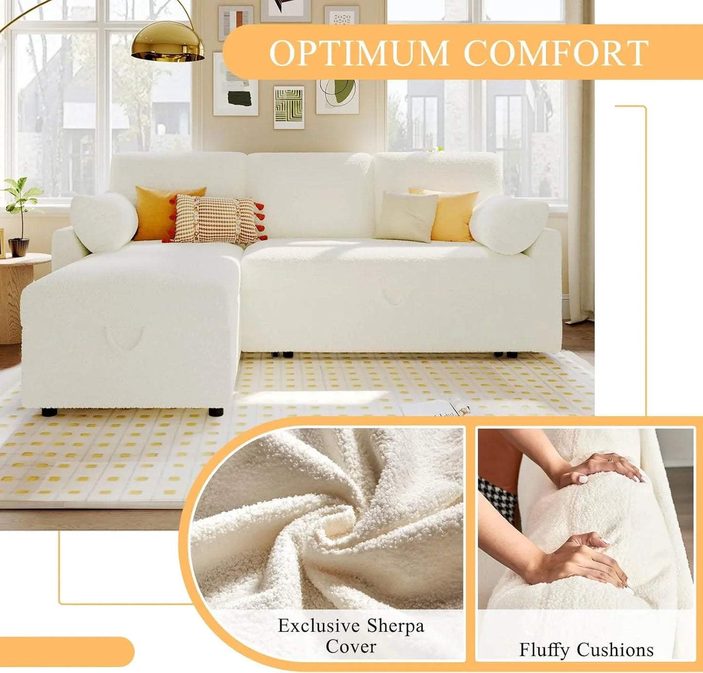 VanAcc Sofa Bed, Sleeper Sofa With Storage Chaise 2-in-1 Pull Out Couch Living Room
