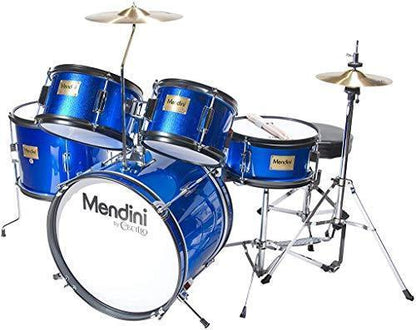 Mendini By Cecilio Drum Set For Kids/Junior, 16 In, 5 Piece, Blue Metallic, Starter Drums Kit w/Adjustable Throne, Cymbal, Pedal And Drumsticks