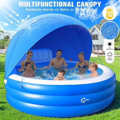 Upgraded Inflatable Pool With Canopy, Inflatable Family Lounge Pool, Round Blow Up Pool For Adult With Bench And Backrest