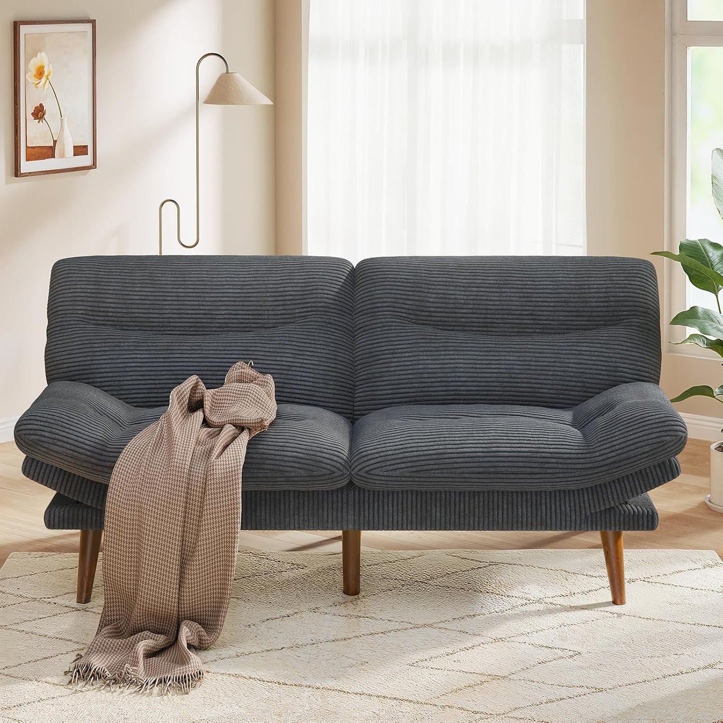 Pipishell Convertible Futon Sofa Bed, 66 In. Corduroy Futon Couch With Adjustable Backrest And Armrests, Recliner Sleeper Sofa For Small Spaces