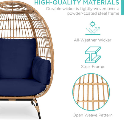 Best Choice Products Wicker Egg Chair Oversized Indoor Outdoor Lounger For Patio Backyard Living Room W/4 Cushions Steel Frame 440lb Capacity- Ivory