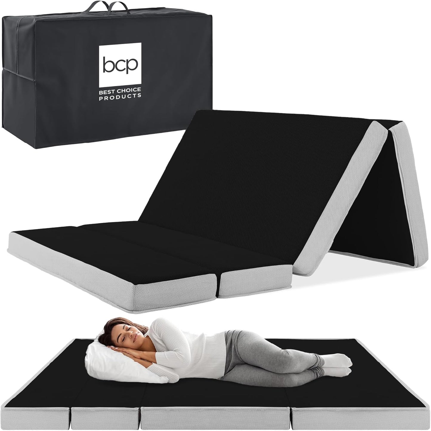 Best Choice Products 4 In. Portable Queen-Size Mattress, Tri-Fold Mattress For Camping, Guest, Toddler, Foam Plush w/Carry Case- Grey