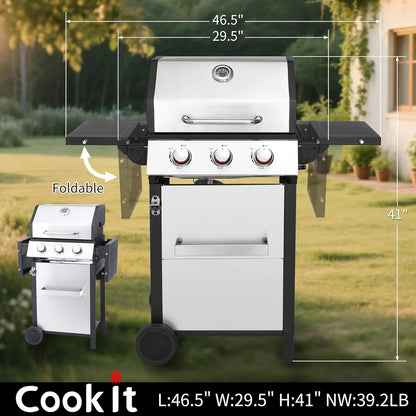 3-Burner Propane Gas Grill With 30,000 BTU Output- Double-Layer Stainless Steel Grill Lid, Cast Iron Cooking Grids