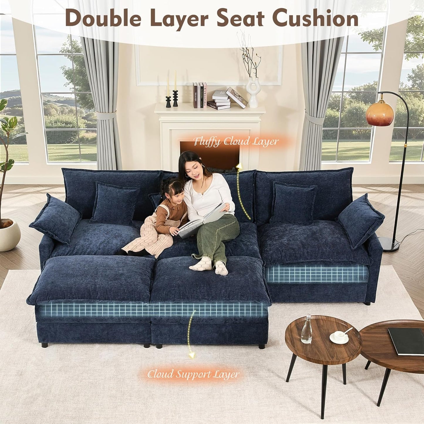 108 In. U Shape Sofa Sectional Sofa Comfortable Cloud Sofa With Removable Footstool