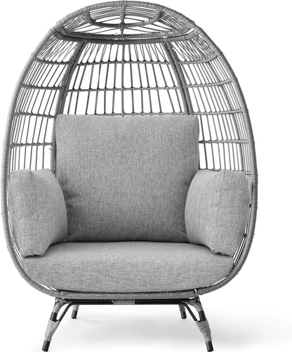 Best Choice Products Wicker Egg Chair Oversized Indoor Outdoor Lounger For Patio Backyard Living Room W/4 Cushions Steel Frame 440lb Capacity- Ivory