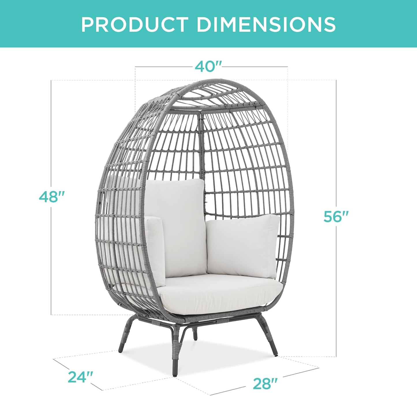 Best Choice Products Wicker Egg Chair Oversized Indoor Outdoor Lounger For Patio Backyard Living Room W/4 Cushions Steel Frame 440lb Capacity- Ivory