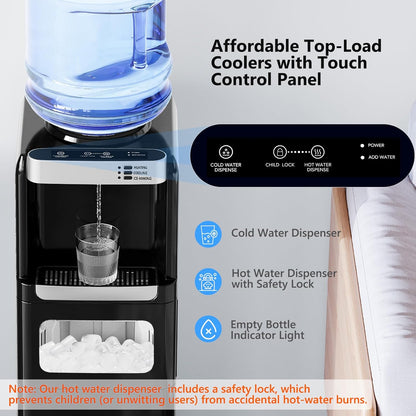 Top Loading Water Dispenser With Ice Maker, Hot And Cold, 5 Gallon, Child Lock, Black
