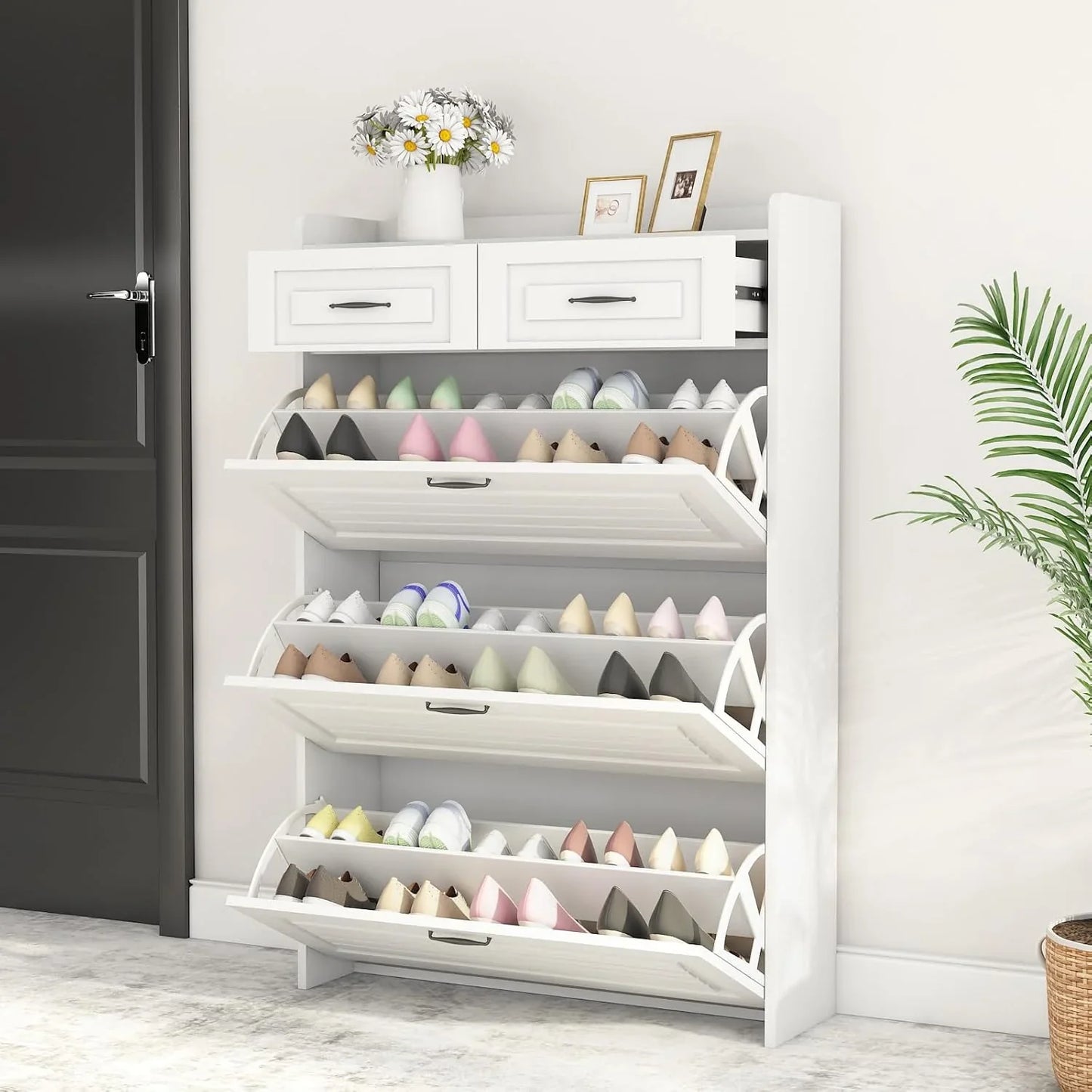 Shoe Cabinet With 3 Large Flip Drawers And 2 Storage Drawers, Narrow Shoe Organizer Cabinet Fits