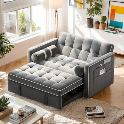 Pipishell 3-in-1 Convertible Sleeper Sofa Bed, Pull Out Couch For Living Room With USB Ports And Side Pockets, Adjustable Backrest, Velvet