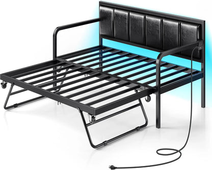 Rolanstar Daybed With Charging Station And LED Lights, Height Adjustable Twin Daybed With Trundle, Metal Sofa Bed Frame With Steel Slat Support