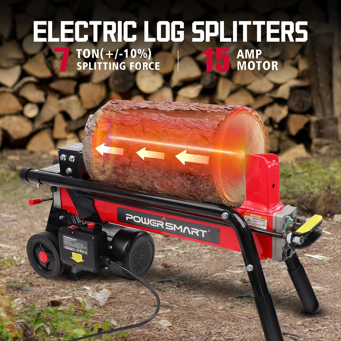 PowerSmart Electric Log Splitter 7-Ton- Efficient Wood Splitter With 3500 Motor Speed, 15 Amp