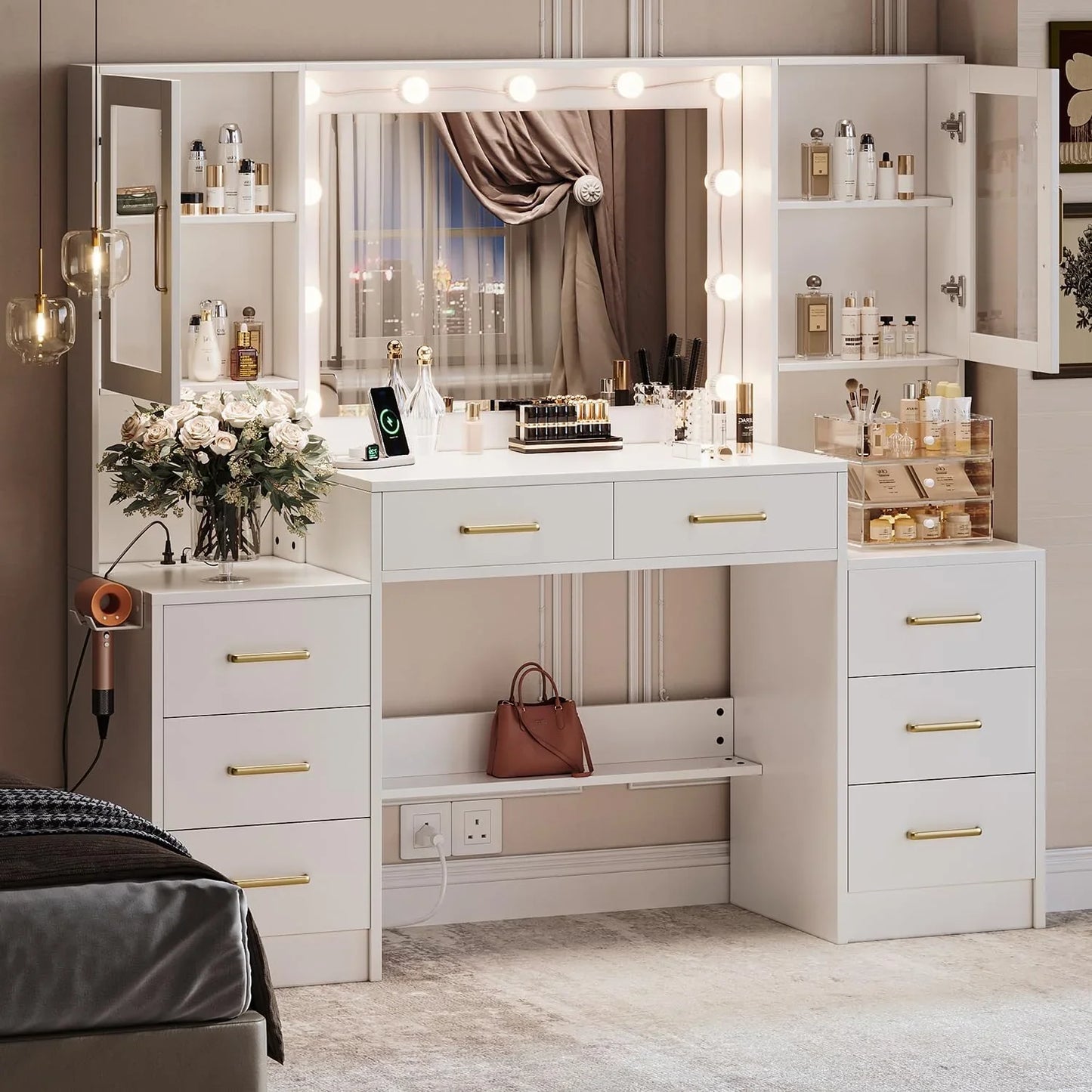 Black Vanity Desk With Mirror, Lights And Charging Station, 58.3 In. 3 Lighting Modes