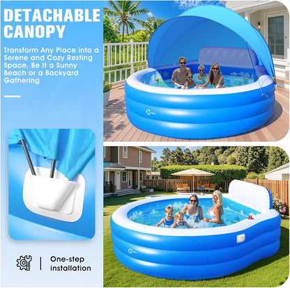 Upgraded Inflatable Pool With Canopy, Inflatable Family Lounge Pool, Round Blow Up Pool For Adult With Bench And Backrest