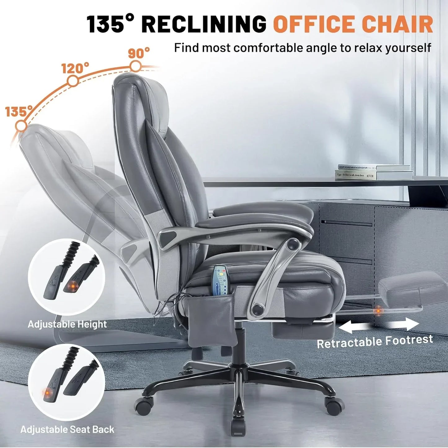 Massage Office Chair With Heating And Footrest Ergonomic Executive Reclining Office Chair