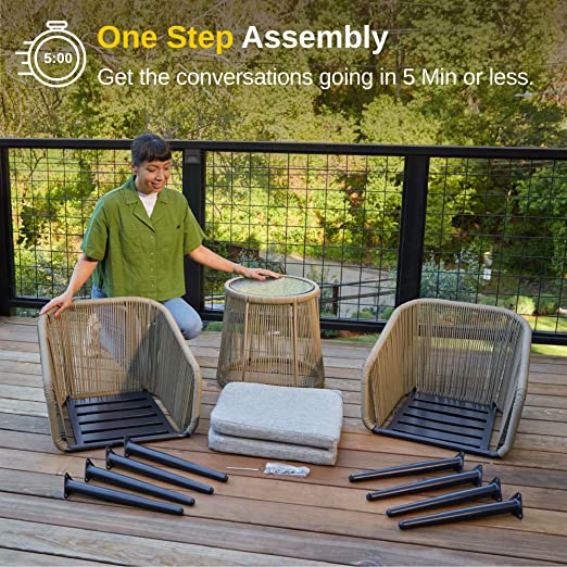 Patio Furniture Set 3-Piece Outside Bistro Set Handwoven Rattan Wicker Chairs With Waterproof Cushions Tempered Glass Table Outdoor Conversation