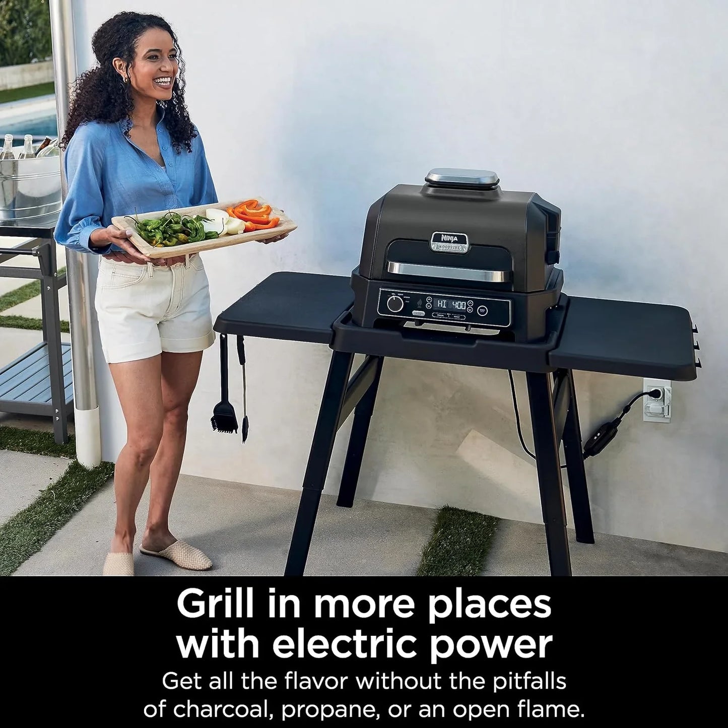 7-in-1 Grill And Smoker With Thermometer, Air Fryer, Bbq, Bake, Roast, Broil- Portable Electric Outdoor Grill, Grey