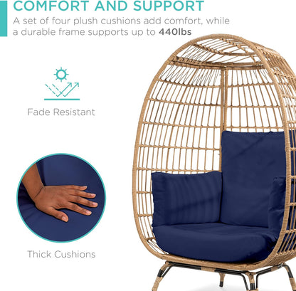Best Choice Products Wicker Egg Chair Oversized Indoor Outdoor Lounger For Patio Backyard Living Room W/4 Cushions Steel Frame 440lb Capacity- Ivory