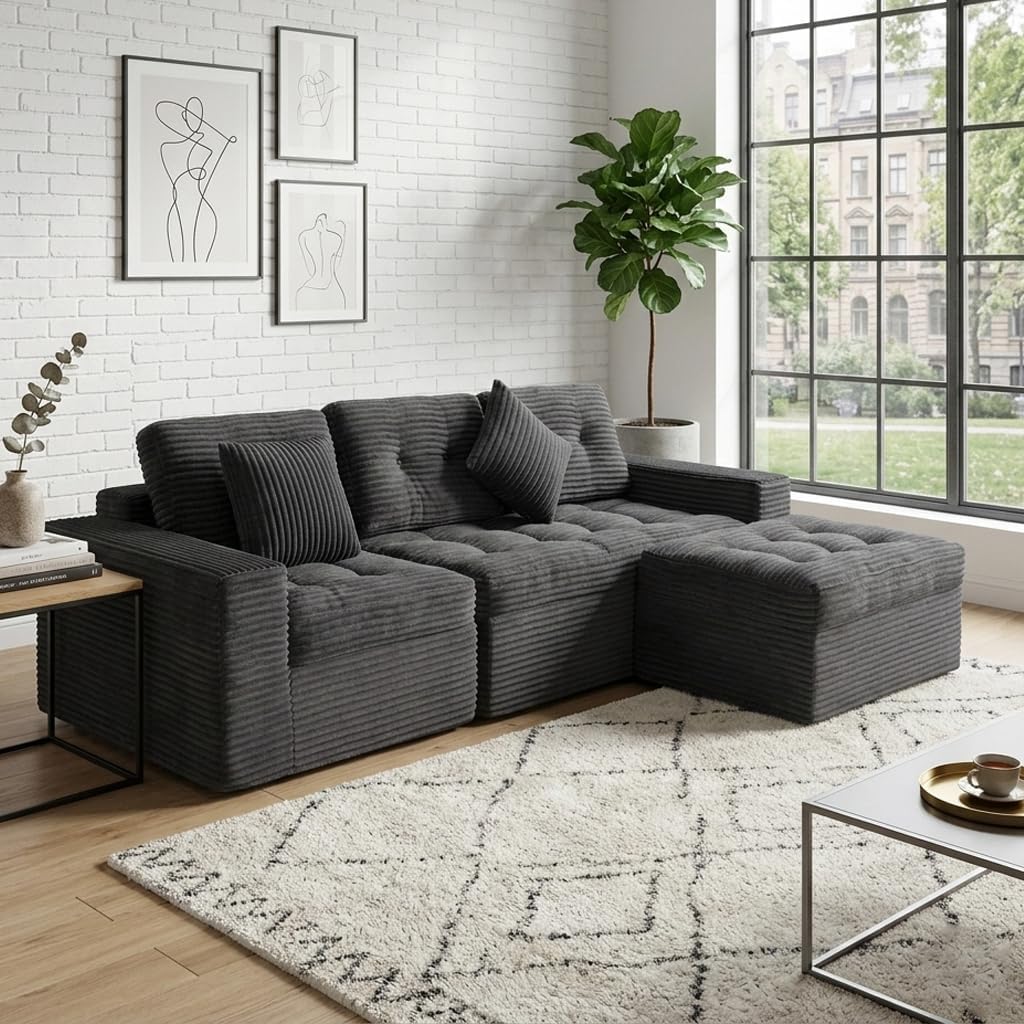 135 In. Oversized Compressed Sectional Sofa- 33D High-Density Foam Cloud Couch With Deep Seat- Minimalist 3-Piece Corduroy Upholstered Boneless
