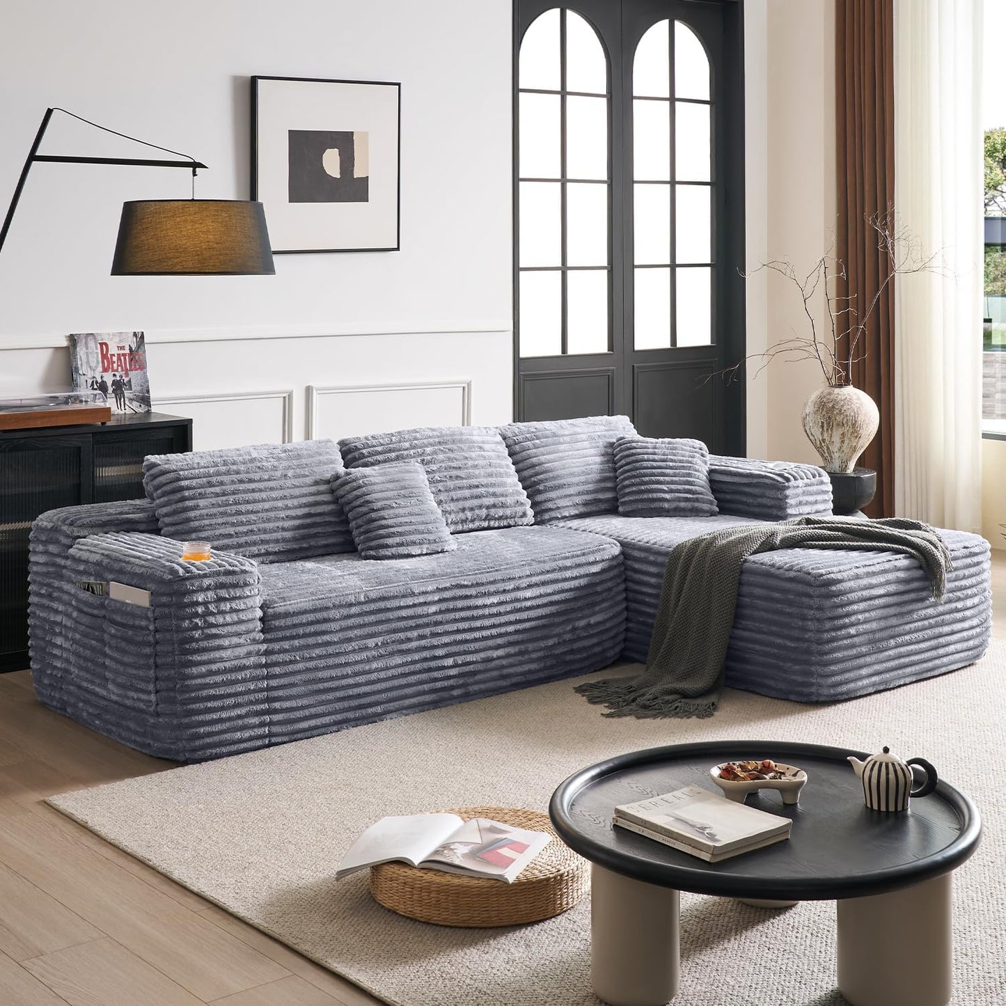 Cloud Section Sofa With L-Shaped Recliner Modern Modular Sofa Built-In Cup Holder