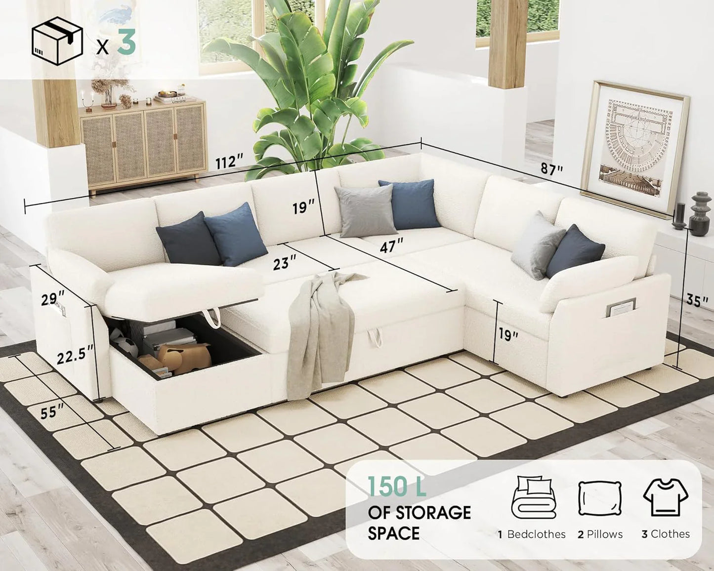 VanAcc Sofa Bed, Sleeper Sofa With Storage Chaise 2-in-1 Pull Out Couch Living Room
