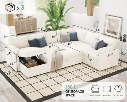 VanAcc Sofa Bed, Sleeper Sofa With Storage Chaise 2-in-1 Pull Out Couch Living Room