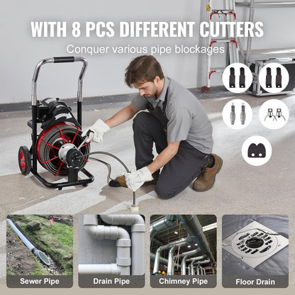 Drain Cleaner Machine 100 Ft. x 1/2 In, Auto Feed Sewer Snake Auger On Wheels