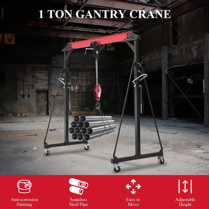 1 Ton Adjustable Gantry Crane, 2200 Lbs Capacity, Height Adjustable 96.5 In.-143.7 In, Portable Hoist For Factory, Construction, Warehouse