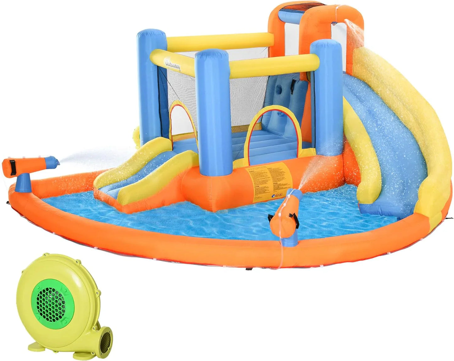Kids Inflatable Water Slide 5-in-1 Bounce House Water Park Jumping Castle With Water Pool, Slide, Climbing Walls, And 2 Water Cannons, 450W Air Blower