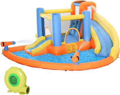 Kids Inflatable Water Slide 5-in-1 Bounce House Water Park Jumping Castle With Water Pool, Slide, Climbing Walls, And 2 Water Cannons, 450W Air Blower