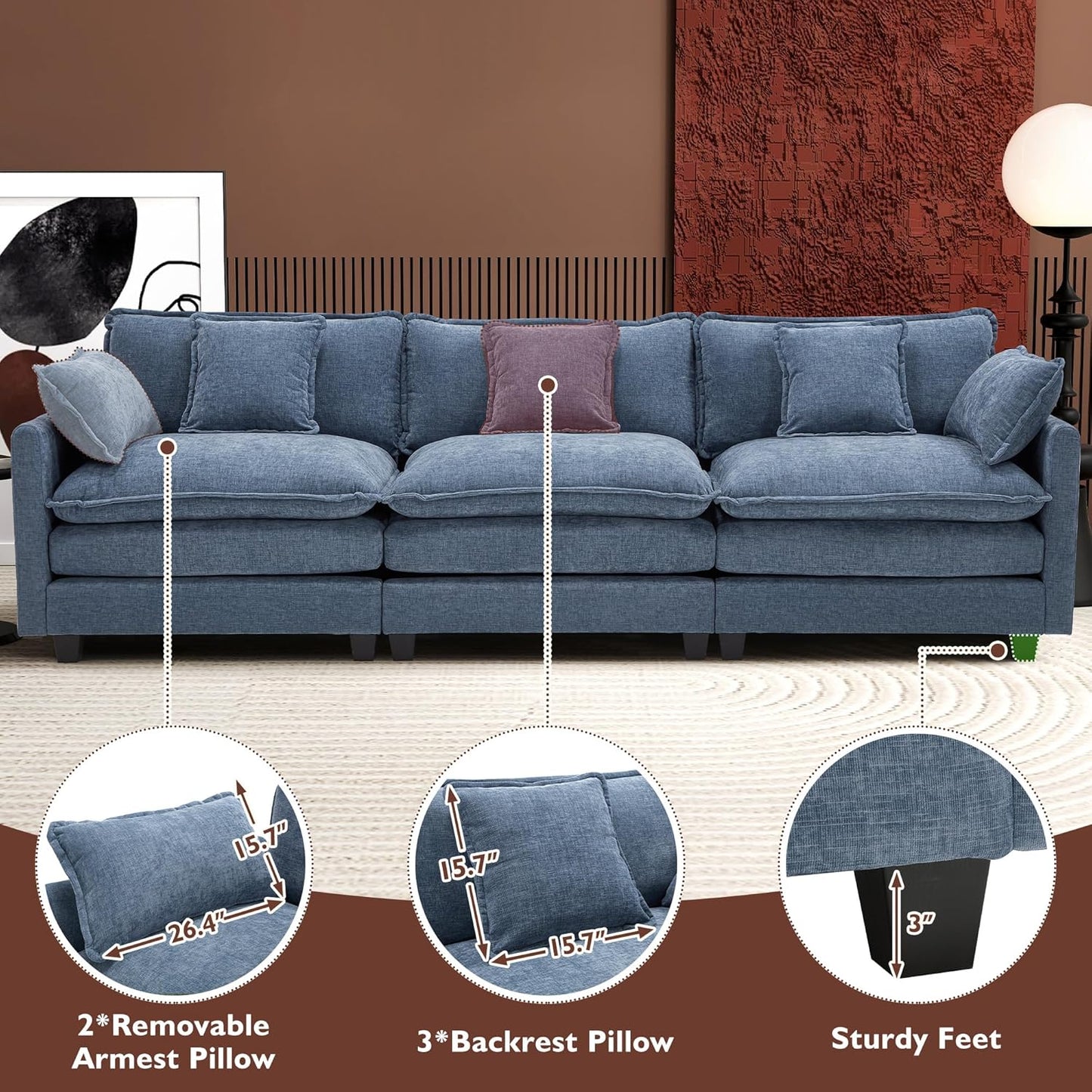 Ihanherry 146 In. U-Shaped Modern Sofa Modular Sectional Cloud Couch With 2 Ottoman