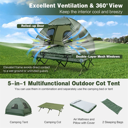 5-in-1 Tent Cot 2-Person Portable Outdoor Camping Tent Combo With Air Mattress Sleeping Bag And Sunshade