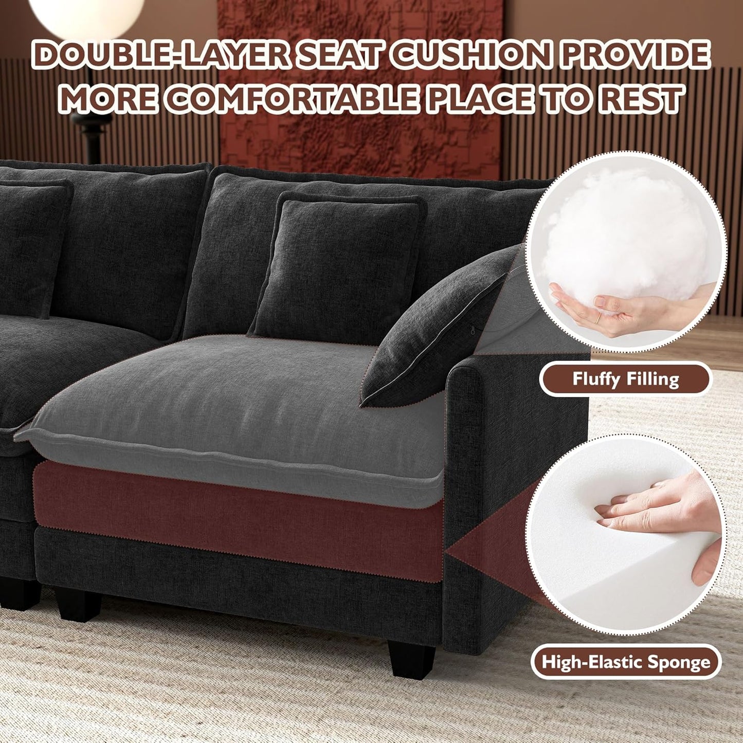 Ihanherry 146 In. U-Shaped Modern Sofa Modular Sectional Cloud Couch With 2 Ottoman