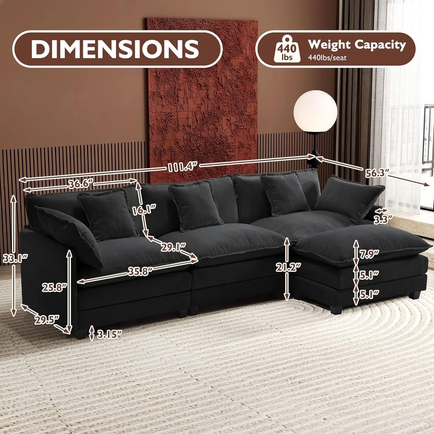 Ihanherry 146 In. U-Shaped Modern Sofa Modular Sectional Cloud Couch With 2 Ottoman