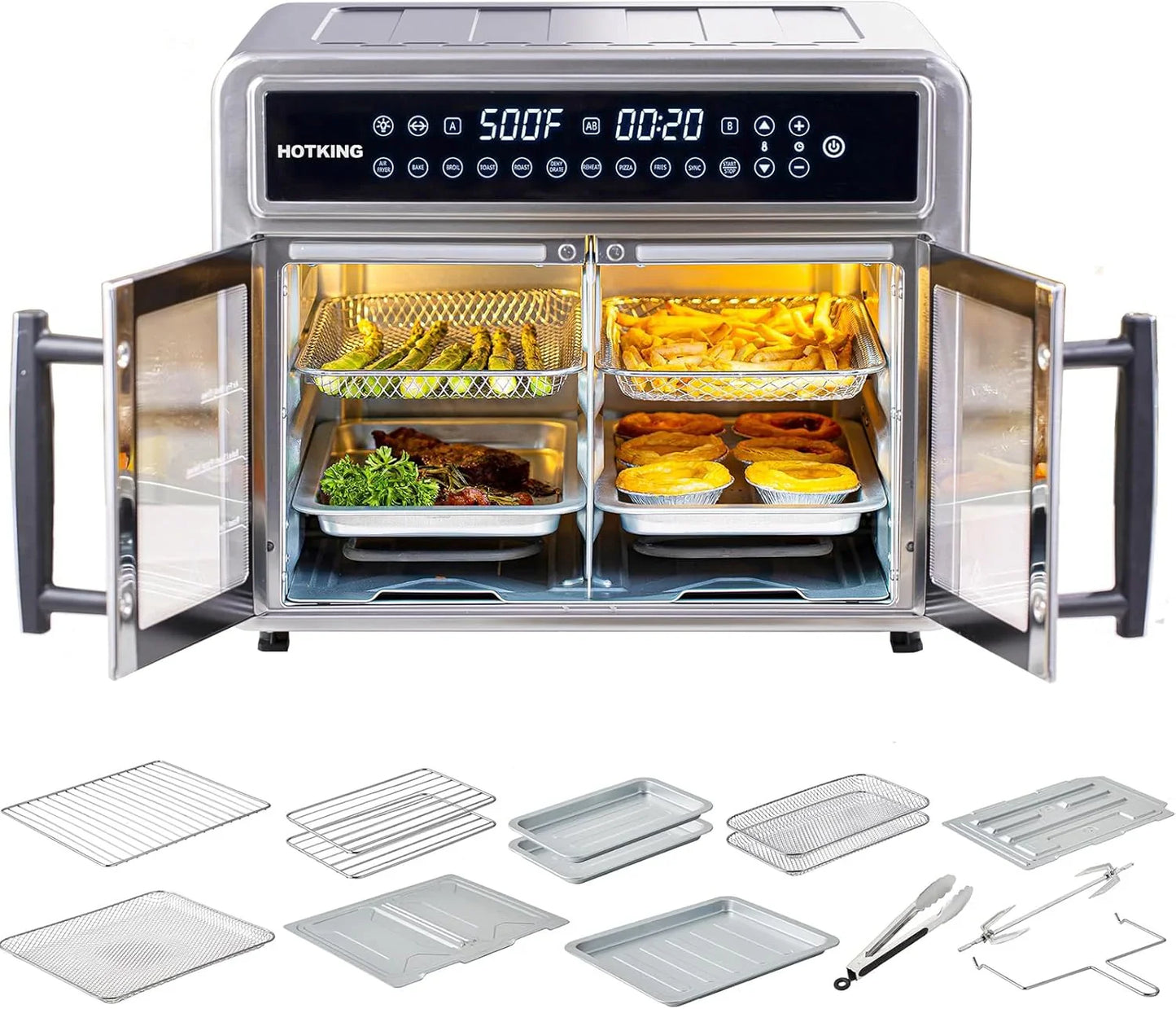HotKing Dual-Zone Air Fryer Toaster Oven Combo, 28 Qt. Extra Large, Non Toxic Stainless Steel