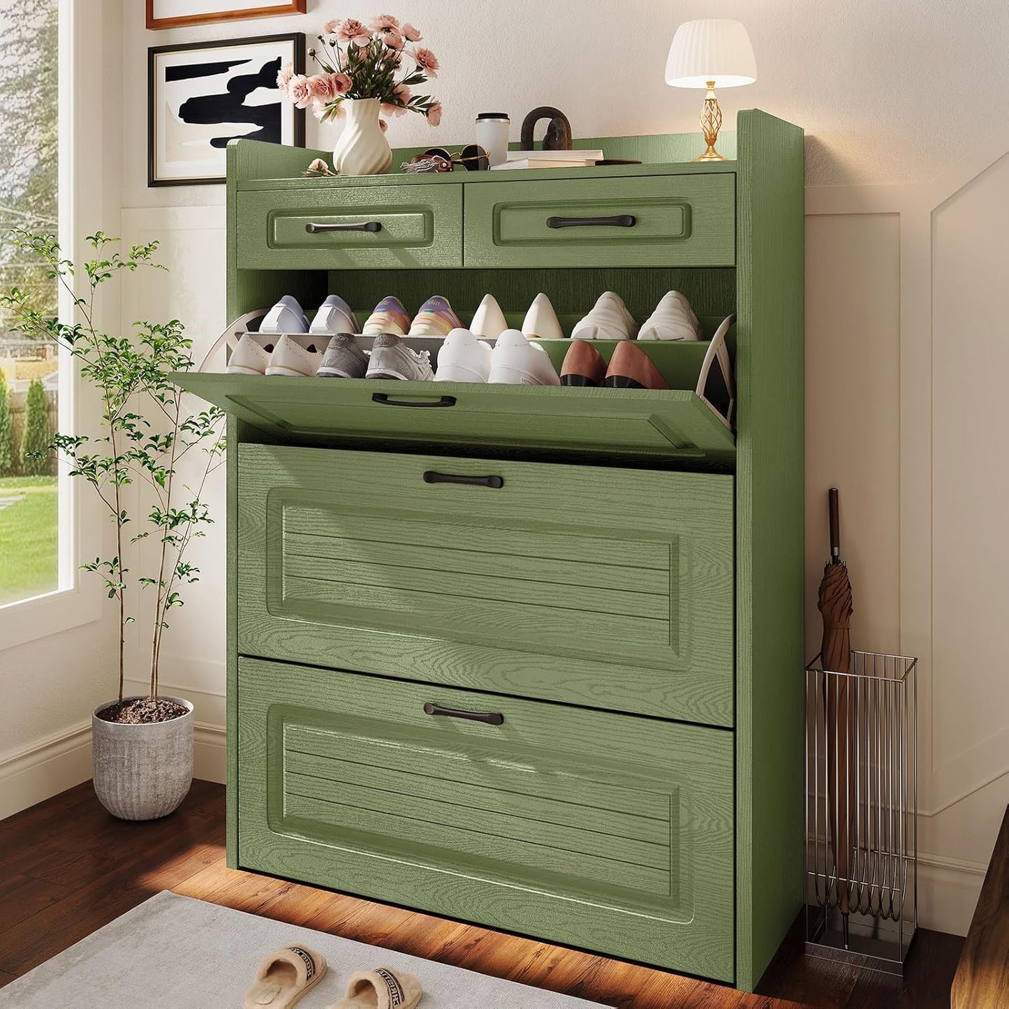 Shoe Cabinet With 3 Large Flip Drawers And 2 Storage Drawers, Narrow Shoe Organizer Cabinet Fits