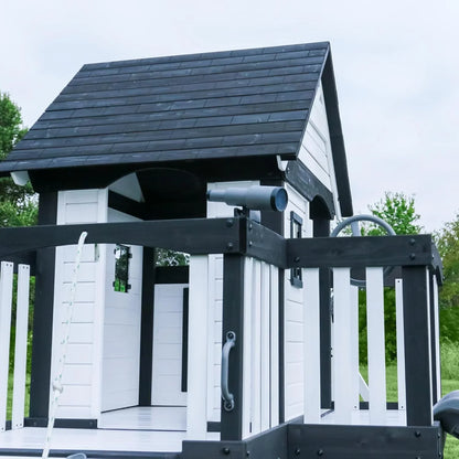 Backyard Discovery Canyon Creek Cedar Wood Swing Set With Wave Slide, Clubhouse, Play Kitchen, Picnic Area, Belt Swings, Web Swing, Rock Wall