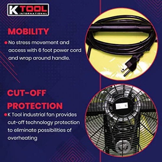 K Tool International 42 In. Belt Drive Drum Fan, Industrial, Garage, Shop, High Speed 2-Speed, Cut-Off Protection, Easy Mobility Rubber Wheels