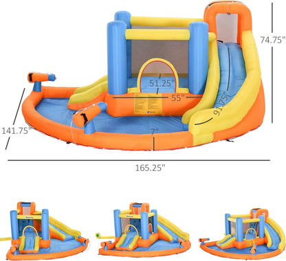 Kids Inflatable Water Slide 5-in-1 Bounce House Water Park Jumping Castle With Water Pool, Slide, Climbing Walls, And 2 Water Cannons, 450W Air Blower