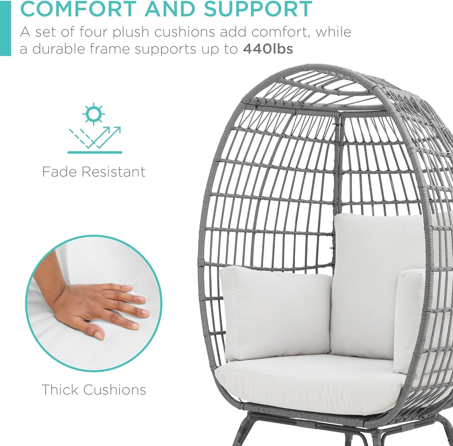 Best Choice Products Wicker Egg Chair Oversized Indoor Outdoor Lounger For Patio Backyard Living Room W/4 Cushions Steel Frame 440lb Capacity- Ivory
