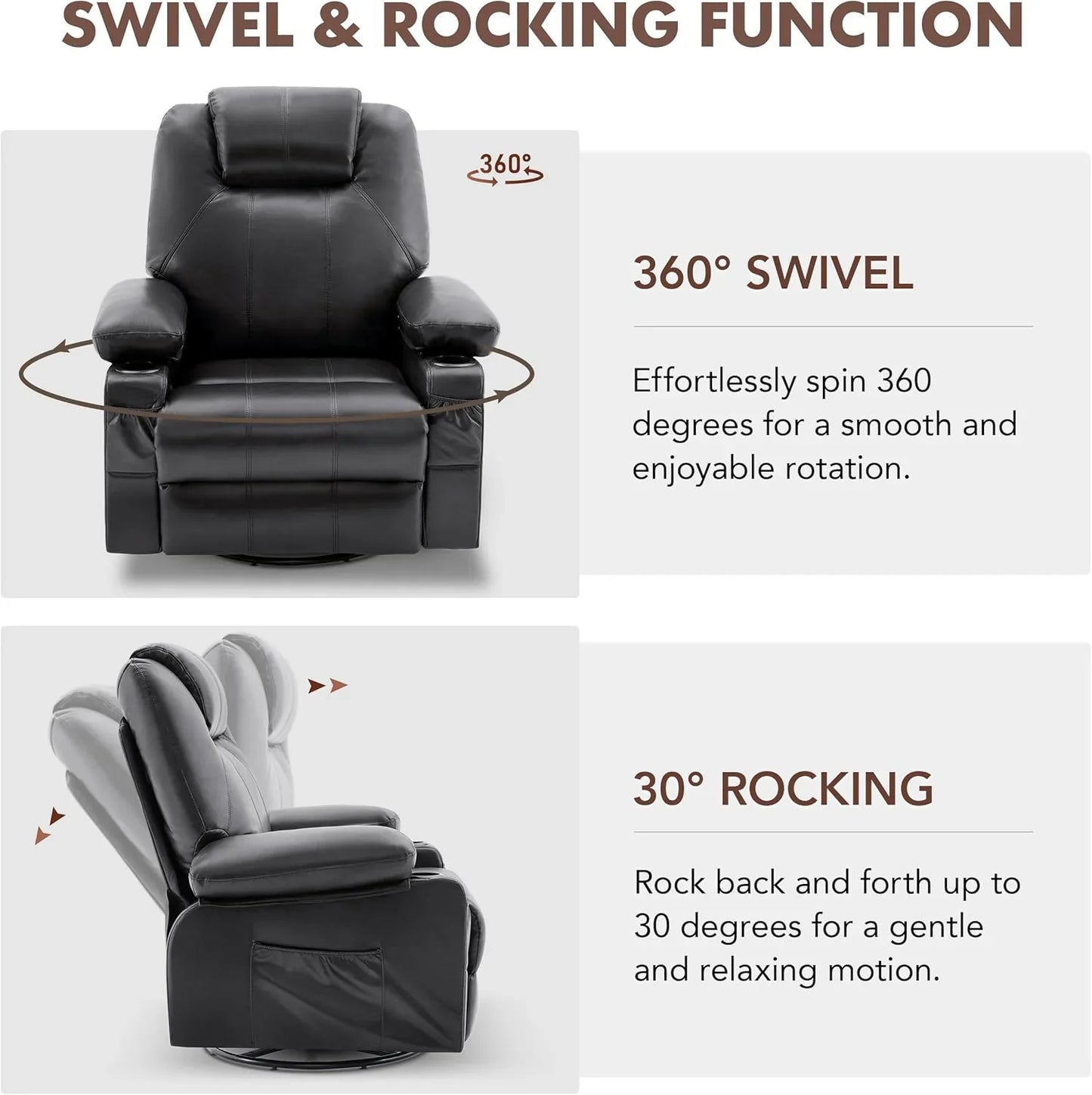 Oversized Swivel Rocker Recliner Chair With Heat And Massage, 360 Degree Swivel Rocking Single Sofa With Cup Holders And USB Port