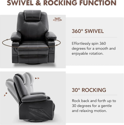 Oversized Swivel Rocker Recliner Chair With Heat And Massage, 360 Degree Swivel Rocking Single Sofa With Cup Holders And USB Port