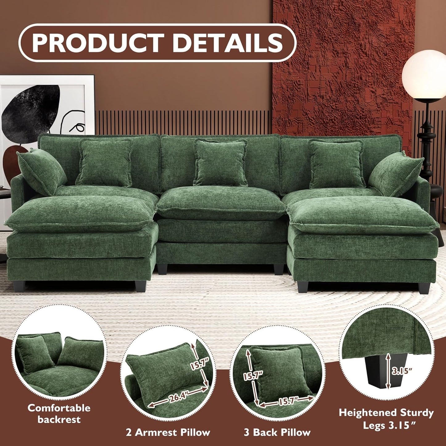 Ihanherry 146 In. U-Shaped Modern Sofa Modular Sectional Cloud Couch With 2 Ottoman