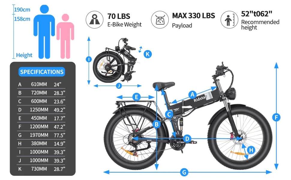 Eletric Bike For Adults 750W Motor 48V 20Ah Removable Battery 26 Fat Tire Folding E-Bike Shimano 21-Speed Mtb Cycling UL2849