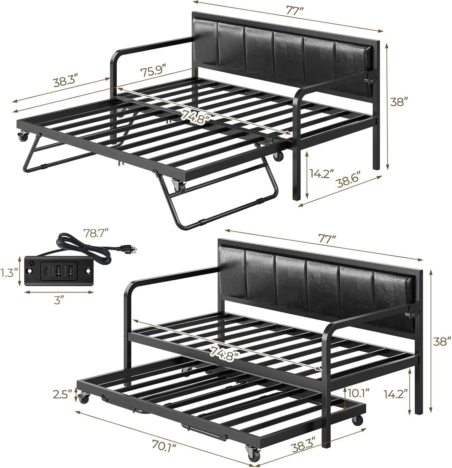 Rolanstar Daybed With Charging Station And LED Lights, Height Adjustable Twin Daybed With Trundle, Metal Sofa Bed Frame With Steel Slat Support