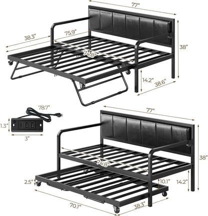 Rolanstar Daybed With Charging Station And LED Lights, Height Adjustable Twin Daybed With Trundle, Metal Sofa Bed Frame With Steel Slat Support