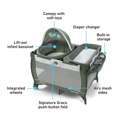 Graco Pack 'N Play Close2Baby Bassinet Playard Features Portable Bassinet Diaper Changer And More Derby