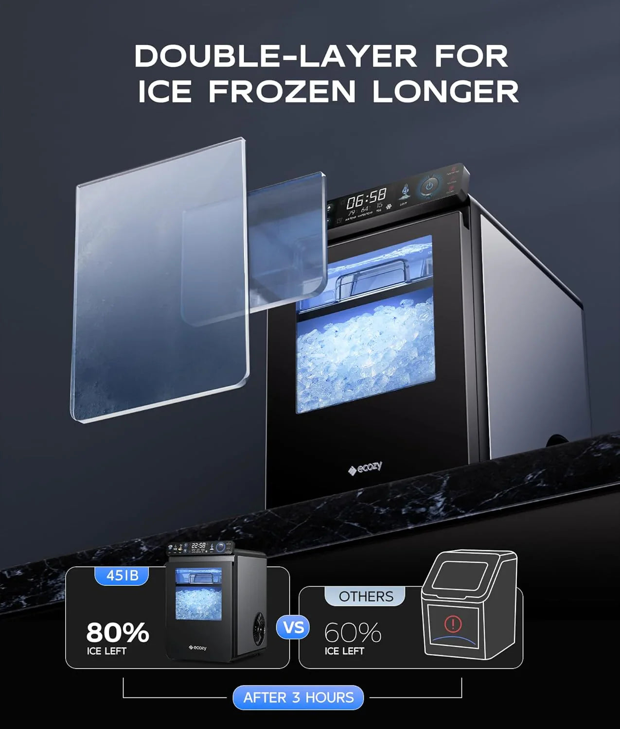 Nugget Ice Maker Countertop, Smart Pebble Ice Machine With App Control, 44 lbs/24H Soft Pellet Chewable Ice With Self-Cleaning, Stainless Steel