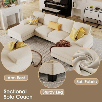 Furmax Sectional Couches For Living Room, U-Shaped Sofa Couch With Linen Fabric, 4 Seat Sofa Set With Double Chaise For Apartment, Fabric, Grey