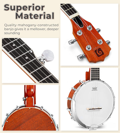 String Banjo 26 In. Mini Travel Banjo Banjo Beginner Kit With Remo Head Open Back And Closed Solid Back With Beginner Kit Comfortable Carrying Bag